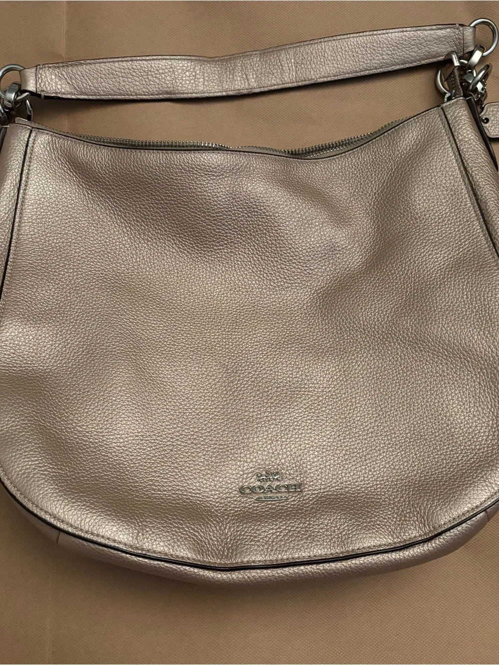 Coach Metallic Taupe Pebbled Leather Shoulder Bag